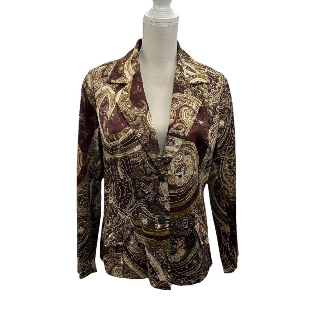 Chico’s 2 Satin Paisley Blazer Jacket Womens Large Brown Tan Lined